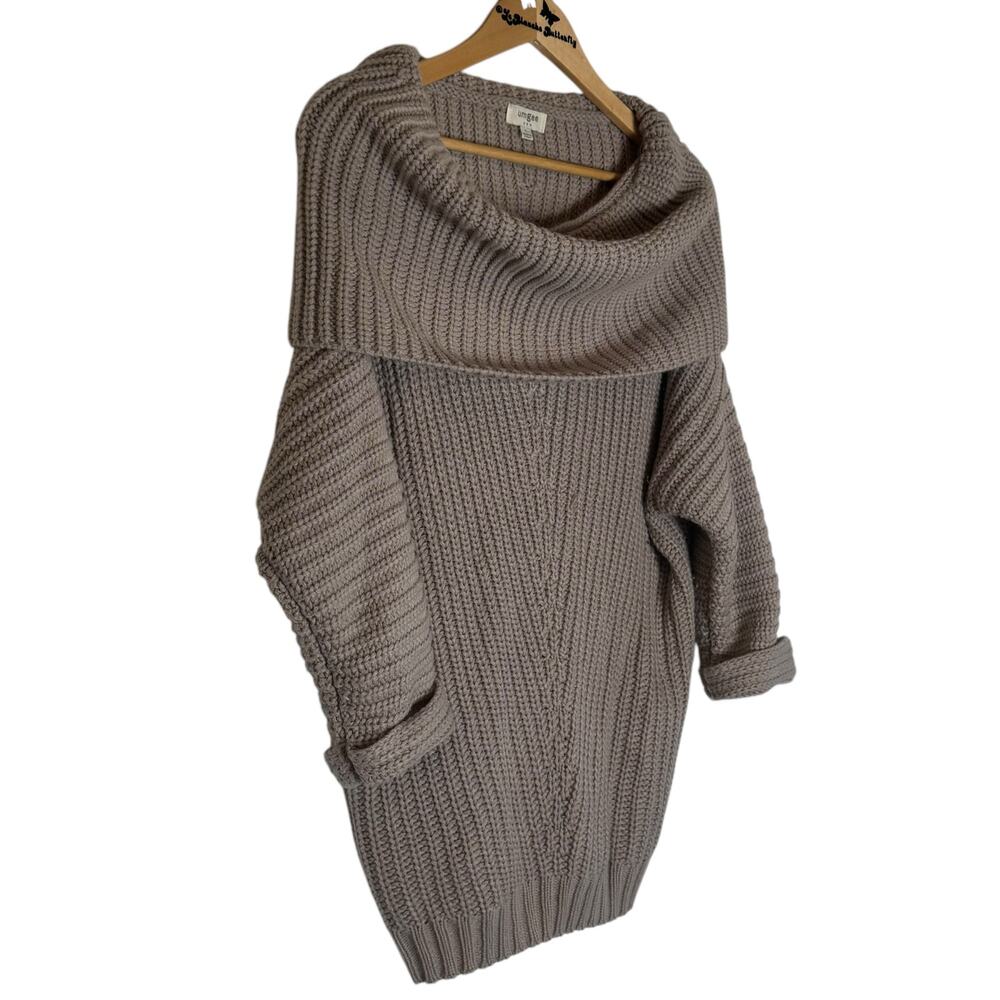 UMGEEUSA Tan Cowl Neck Tunic Sweater  Size Large, Oversized Cable Knit Wool
